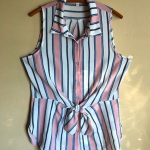 Striped collared button front tank with tie.